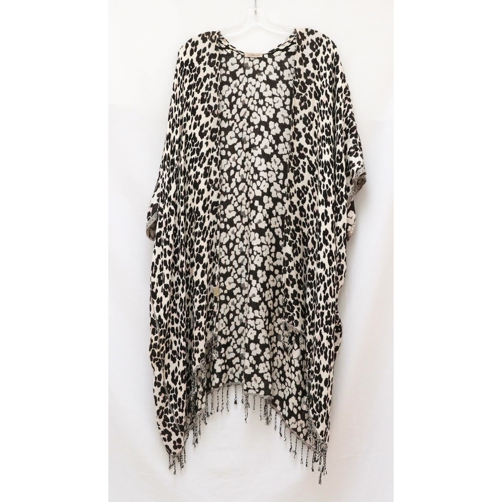 Codello ruana leopard animal print boho beach cover up fringe long poncho cream